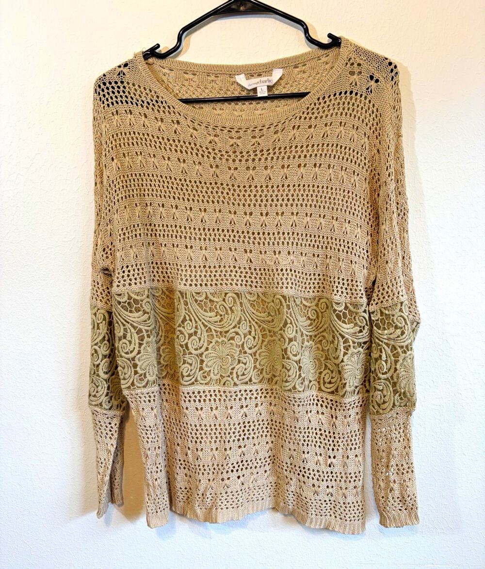 Beige Crochet Open Knit Sweater Lace Panel Boho Womens L